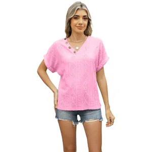 Casual pink V-neck jacquard knit t-shirt with button detail and short sleeves for women