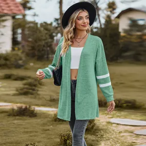 Stylish women's sage green open front knit cardigan with white striped sleeve accents