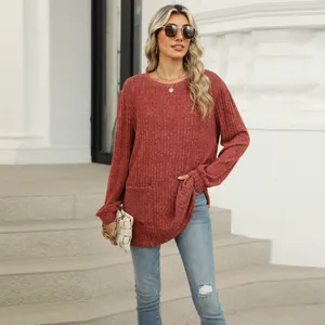 Women's stylish casual crewneck pocket t-shirt with puff sleeves in loose fit rust red