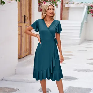 Elegant teal v-neck wrap dress with ruffle sleeves and asymmetrical hemline