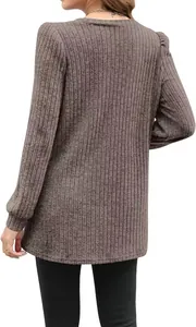 Back view of brown ribbed long-sleeve T-shirt with stylish puff sleeves and loose fit