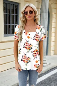 Elegant white floral square neck T-shirt with petal sleeves for summer casual wear