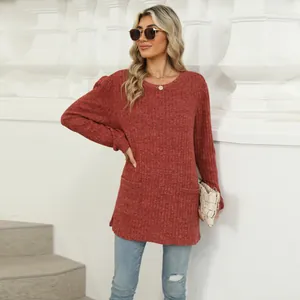 Western model wearing a casual terracotta round neck puff sleeve top with front pockets
