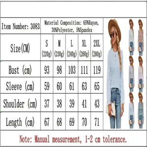 Size guide chart for women's crew neck floral long sleeve t-shirt including measurements.