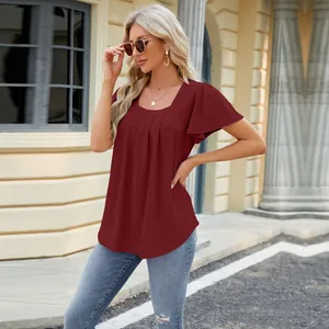 Maroon square neck top with pleated eyelet details and flutter sleeves for women