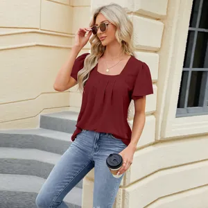 Wine red square neck top with pleats and hollow-out jacquard details shown on model