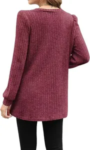Detailed back view of women's ribbed knit top with puff sleeves in burgundy red.