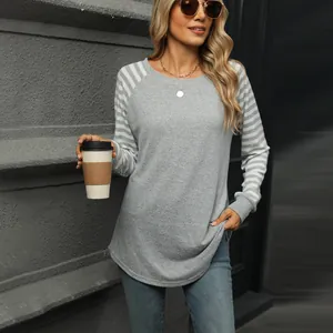 Detail view of a casual grey long sleeve top with stylish striped raglan sleeves