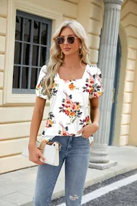 Elegant square neck floral print T-shirt with petal sleeves for women summer wear