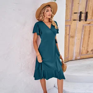 Elegant teal V-neck wrap dress with ruffled short sleeves and an asymmetrical hem