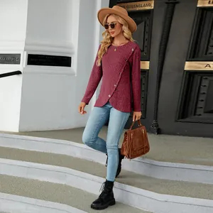 Burgundy long sleeve ribbed t-shirt for women with tulip hem and button detail
