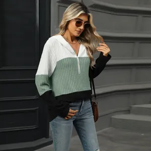 Damen Strickpullover mit Kapuze im Color-Block-Design und Reißverschluss für Herbst