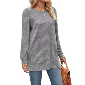 Casual grey ribbed long sleeve top with front pockets and puff shoulders for women