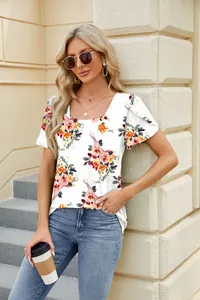 Women's casual floral print T-shirt featuring square neckline and petal sleeve detail