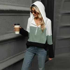 Modischer Damen-Kapuzenpullover mit Farbblock-Design und Reißverschluss, lockere Passform