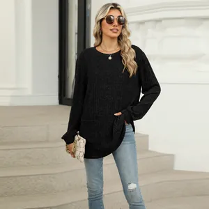 Women's casual black round neck long sleeve knit top featuring functional pockets and loose fit