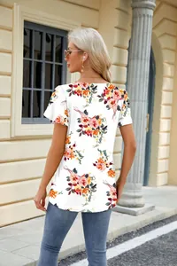 Back view of a fashionable white loose T-shirt with rose floral print and petal sleeves