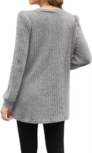 Back view of a comfortable gray long sleeve ribbed knit top with stylish puff sleeves