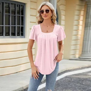Elegant pink short sleeve pleated t-shirt with hollow-out eyelet jacquard detail