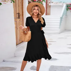 Elegant black V-neck wrap dress with ruffled hem and adjustable waist tie for summer