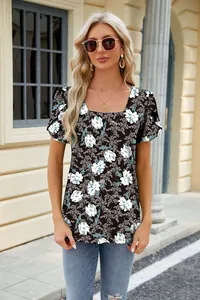 Casual floral print t-shirt featuring square neck and elegant petal sleeves for women