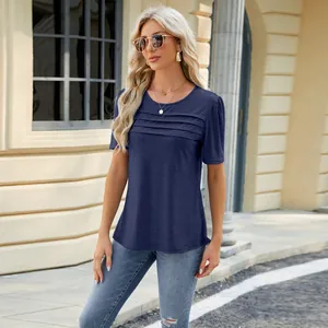 Detailed view of women's navy blue U-neck t-shirt with elegant horizontal pleated chest