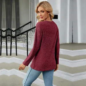 Back view showing texture of a burgundy ribbed long-sleeve T-shirt with tulip hem
