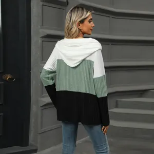 Rückansicht eines lässigen Strickpullovers für Damen mit Kapuze in drei Farben
