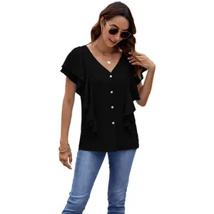 Elegant black V-neck button-down shirt featuring stylish ruffle sleeves for women