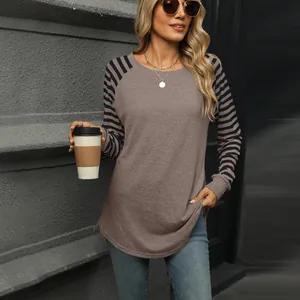 Close-up detail of women's long sleeve T-shirt with striped raglan sleeves