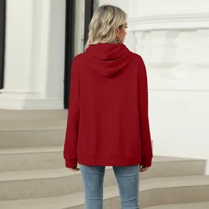 Back view of a casual dark red hooded sweatshirt for women, featuring a comfortable fit