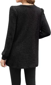 Detailed back view of a women's black long-sleeve ribbed knit top with puff sleeves
