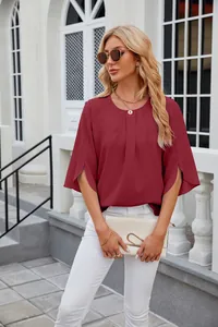 Elegant dark red chiffon blouse featuring loose slit sleeves and a round neck for women.