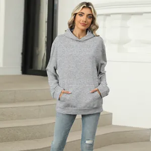 Women's casual solid grey long sleeve oversized hoodie sweatshirt with kangaroo pocket