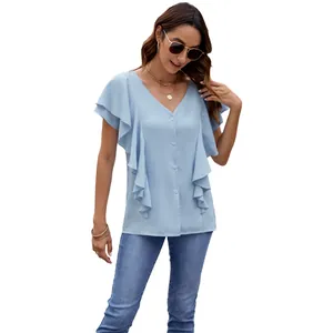 Elegant light blue summer blouse featuring ruffle flutter sleeves and a V-neck button-down front