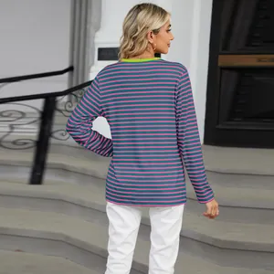 Back view of a striped long sleeve T-shirt with a contrasting collar on city stairs
