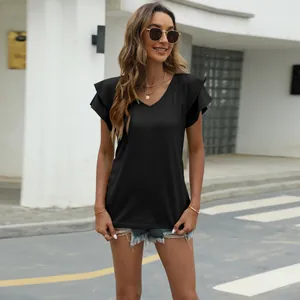 Elegant black V-neck t-shirt with double-layer ruffle sleeve detail in a relaxed summer fit
