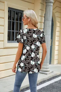 Back view of a black floral print T-shirt featuring elegant petal sleeves and a loose fit.