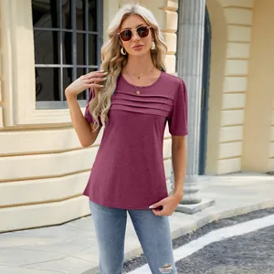 Detailed view of elegant maroon short sleeve t-shirt with stylish pleated detail