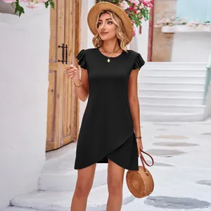 Elegant black mini dress with flutter sleeves and wrap hem for summer