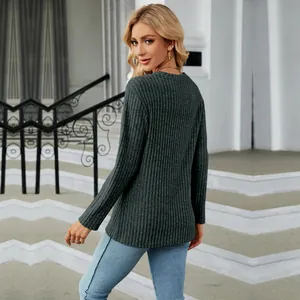 Back view of a long-sleeved dark green ribbed round neck T-shirt with tulip hem