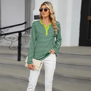 Casual green and white striped long sleeve T-shirt with a neon green V-neck button detail