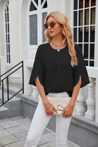 Elegant black chiffon blouse with round neck and unique slit five-point sleeves detail