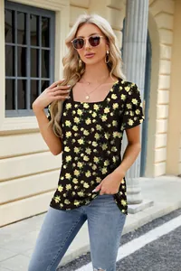 Fashionable floral square neck t-shirt for women in casual outdoor street style