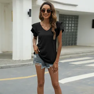 Stylish black V-neck t-shirt featuring elegant double-layered ruffle sleeves for women
