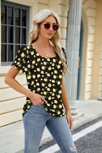 Elegant black floral print T-shirt with square neck and petal sleeves