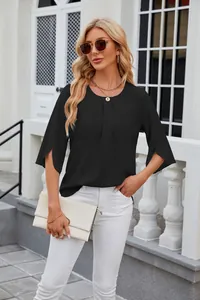 Elegant black round neck chiffon blouse with loose five-point split sleeves