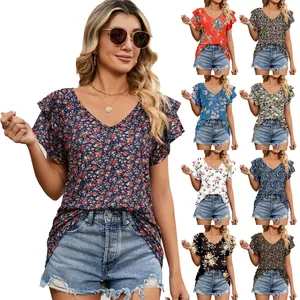 Detailed view of floral V-neck tops with double-layered ruffle sleeves in various prints
