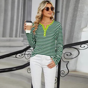 Stylish women's casual green striped V-neck long sleeve T-shirt top for autumn outdoor wear