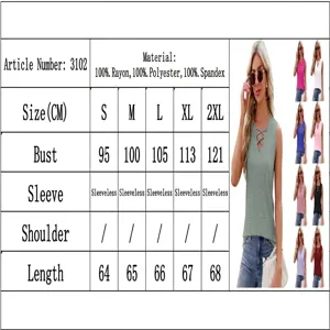 Size guide for women's V-neck lace-up sleeveless tank top with jacquard texture